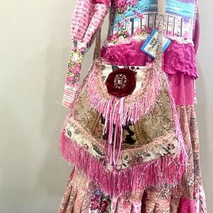 Pink and Beige Eclectic Handmade Upcycled Boho Fringed Crossbody Bag